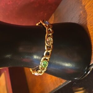 Vintage Swarovski Swan Logo Gold-tone Multi-color Crystal Chain Bracelet 7.25"